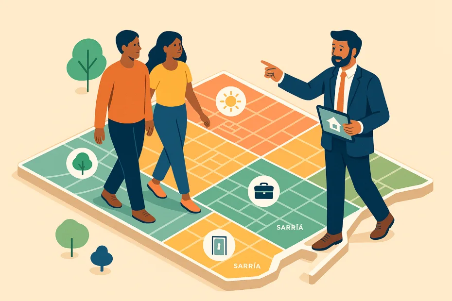 Asesor inmobiliario guiando a una pareja por un mapa ilustrado de barrios de Barcelona.