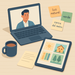 Escritorio con moodboard digital, videollamada activa y cuaderno de objetivos en pantalla.