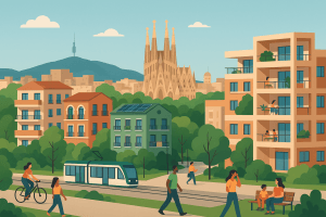 Vista de Barcelona con viviendas diversas, zonas verdes y transporte urbano sostenible.