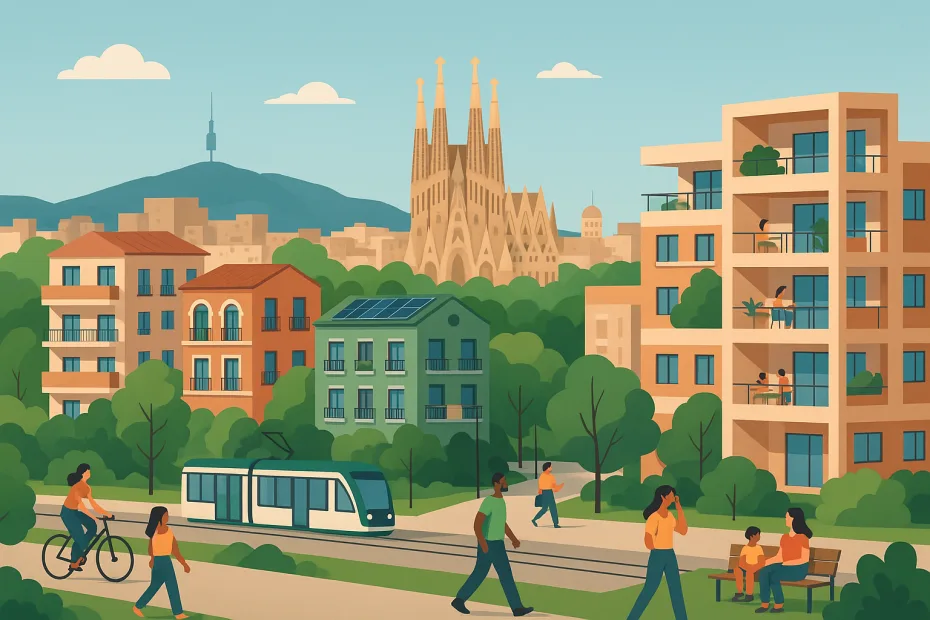 Vista de Barcelona con viviendas diversas, zonas verdes y transporte urbano sostenible.