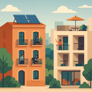 Vivienda rehabilitada y de obra nueva con elementos sostenibles y espacios adaptables.