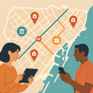 Mapa conceptual de Barcelona con zonas emergentes, transporte y servicios clave.