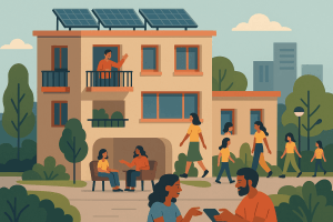 ivienda cooperativa con zonas comunes, energía solar y vida comunitaria.