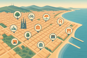 Vista ilustrada de Barcelona con 10 barrios destacados y elementos simbólicos de cada uno.