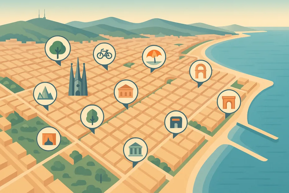 Vista ilustrada de Barcelona con 10 barrios destacados y elementos simbólicos de cada uno.