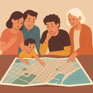 Personas diversas eligen dónde vivir en un mapa ilustrado de barrios de Barcelona.