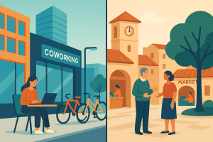 Contraste entre un barrio moderno y uno tradicional en Barcelona representados visualmente.