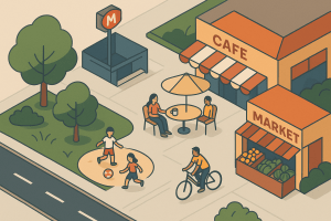 Calle urbana ilustrada con elementos que simbolizan calidad de vida en Barcelona.