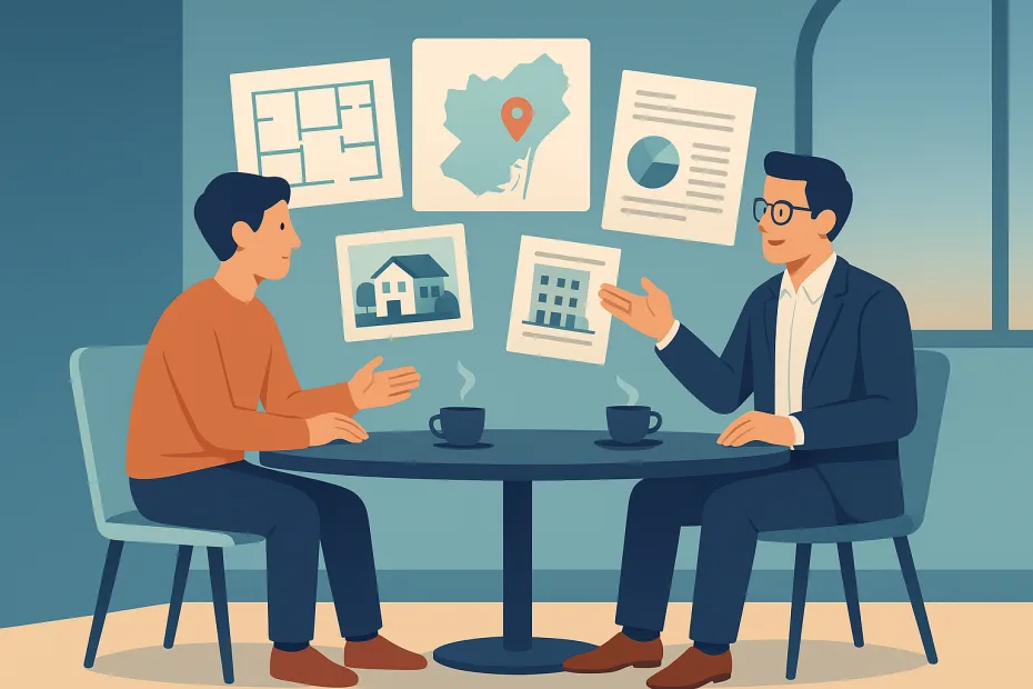 Persona y asesor conversando en una mesa de café, con documentos y planos flotando en el aire.