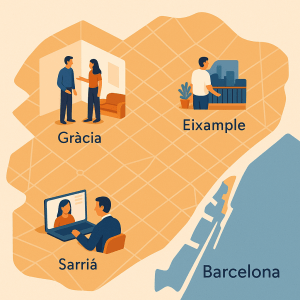 Mapa ilustrado de Barcelona con escenas de personas explorando viviendas en distintos barrios.