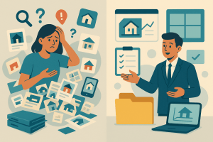 Comparativa visual entre caos inmobiliario y proceso organizado con ayuda profesional.