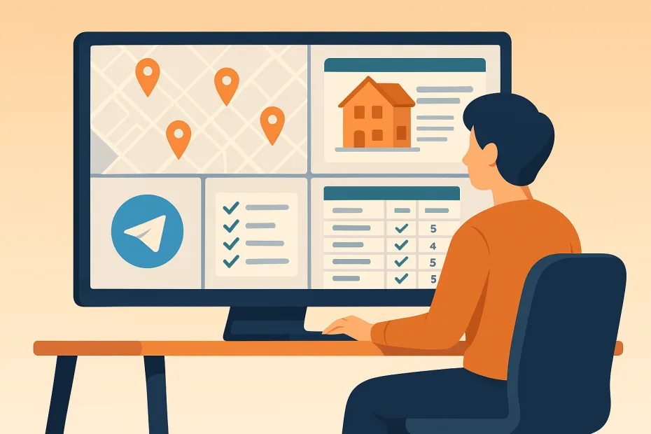 Persona analizando varias herramientas digitales para buscar piso en Barcelona de forma organizada.