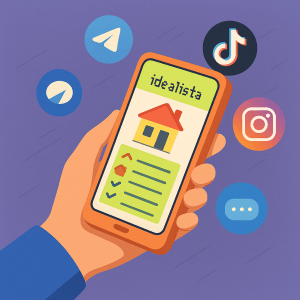 Teléfono móvil mostrando portales de pisos con redes sociales flotando a su alrededor.