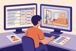  Persona comparando pisos en una hoja de cálculo mientras asiste a una videollamada de visita.